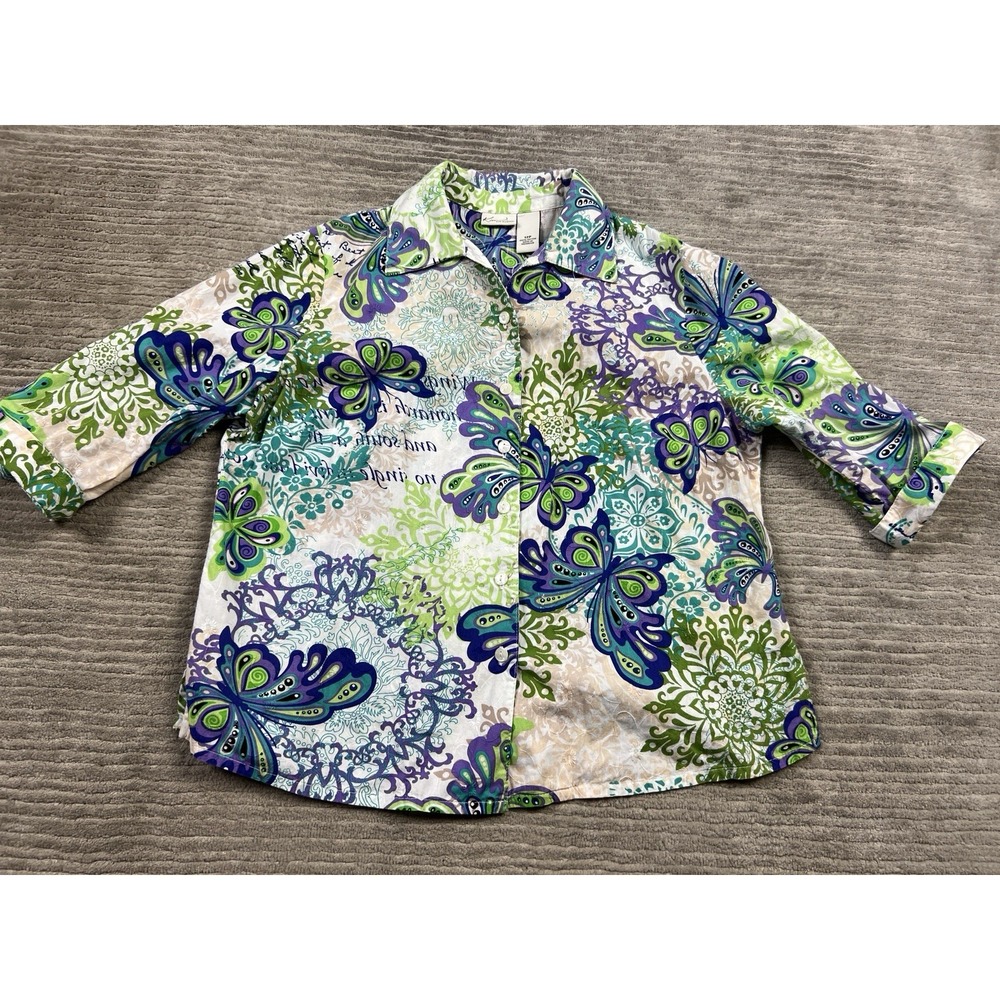 Kim Rogers Top Womens 12P‎ Multicolor Button Up 3/4 Sleeve Cotton Casual